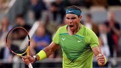 PARIS, FRANCE - JUNE 03: Rafael Nadal of Spain celebrates against Alexander Zverev of Germany during the Men's Singles Semi Final match on Day 13 of The 2022 French Open at Roland Garros on June 03, 2022 in Paris, France (Photo by Clive Brunskill/Getty Images)