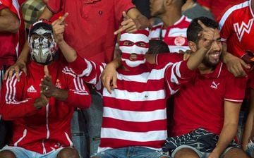 Wydad Casablanca's supporters gesture before the start of the CAF Champions League final football match between Egypt's Al-Ahly and Morocco's Wydad Casablanca on November 4, 2017, at Mohamed V Stadium in Casablanca. 