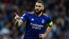 26 April 2022, United Kingdom, Manchester: Real Madrid&#039;s Karim Benzema celebrates scoring his side&#039;s third goal during the UEFA Champions League Semi Final, First Leg, soccer match between Manchester City and Real Madrid  at the Etihad Stadium. 
