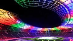 (FILES) In this file photo taken on October 5, 2021 the Olympic stadium is lit up with the colors of the new UEFA Euro 2024 football championship logo, presented at the Olympic stadium in Berlin. - UEFA announced on May 10, 2022, the UEFA EURO 2024 footba