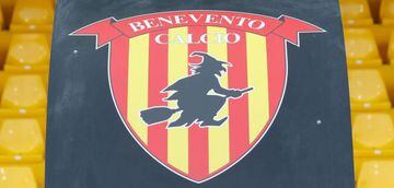 Picture of the logo of Benevento's Italian football club showing a witch riding a broom during the Italian Serie a football match Benevento Calcio vs SS Lazio on october 29, 2017 at the Ciro Vigorito Stadium in Benevento