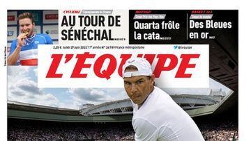 Portada de L'Équipe del 27 de junio de 2022 con Rafa Nadal como protagonista antes de Wimbledon.