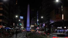 View of Buenos Aires&#039; Obelisk at Plaza de la Republica with the lights on before the Earth Hour on March 27, 2021. - Cities around the world were turning off their lights Saturday for Earth Hour, with this year&#039;s event highlighting the link between the destruction of nature and increasing outbreaks of diseases like Covid-19. (Photo by ALEJANDRO PAGNI / AFP)