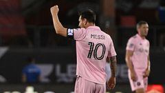 FRISCO, TEXAS - AUGUST 06: Lionel Messi #10 of Inter Miami CF celebrates after scoring a goal in the first half during the Leagues Cup 2023 Round of 16 match between Inter Miami CF and FC Dallas at Toyota Stadium on August 06, 2023 in Frisco, Texas.   Logan Riely/Getty Images/AFP (Photo by Logan Riely / GETTY IMAGES NORTH AMERICA / Getty Images via AFP)