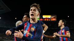 Gavi celebra el gol de su equipo durante el encuentro correspondiente a la jornada 26 de primera división que disputan hoy domingo en el estadio del Camp Nou, en Barcelona. EFE/ Toni Albir