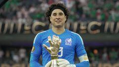 Jul 16, 2023; Inglewood, California, USA; Mexico goalkeeper Guillermo Ochoa (13) poses with the Best Goalkeeper trophy after the CONCACAF Gold Cup Final against Panama at SoFi Stadium. Mandatory Credit: Kirby Lee-USA TODAY Sports