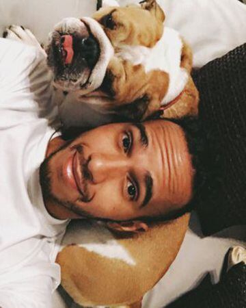 El piloto de Fórmula 1 Lewis Hamilton con su bulldog, Coconut.