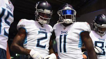 Sep 12, 2021; Nashville, Tennessee, USA; Tennessee Titans wide receiver Julio Jones (2) and Tennessee Titans wide receiver A.J. Brown (11) before the game against the Arizona Cardinals at Nissan Stadium. Mandatory Credit: Christopher Hanewinckel-USA TODAY