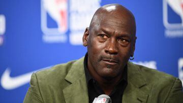(FILES) In this file photo taken on January 24, 2020 former NBA star and owner of Charlotte Hornets team Michael Jordan looks on as he addresses a press conference ahead of the NBA basketball match between Milwaukee Bucks and Charlotte Hornets at The AccorHotels Arena in Paris. - Michael Jordan said June 5, 2020, he is making a record $100 million donation to groups fighting for racial equality and social justice amid a wave of protests across the United States. (Photo by FRANCK FIFE / AFP)