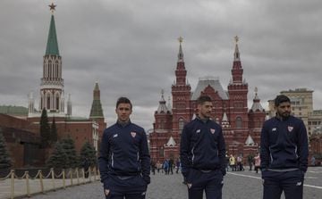 Sevilla players pose on Moscow's Red Square in front of the State Historical Museum.