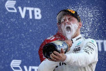 Race winner Valtteri Bottas of Finland and Mercedes GP celebrates on the podium during the Formula One Grand Prix of Russia on April 30, 2017 in Sochi, Russia.