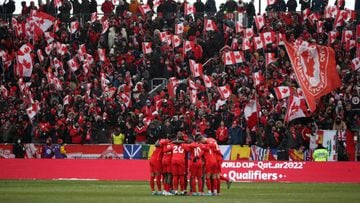TORONTO, ON- MARCH 27  - Canada huddles before the game as Canada beats Jamaica in FIFA CONCACAF World Cup Qualifying 4-0 to Qualify for the World Cup in Qatar in BMO Field in Toronto. March 27, 2022.        (Steve Russell/Toronto Star via Getty Images)