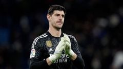 MADRID, SPAIN - FEBRUARY 25: Thibaut Courtois of Real Madrid  during the La Liga Santander  match between Real Madrid v Atletico Madrid at the Estadio Santiago Bernabeu on February 25, 2023 in Madrid Spain (Photo by David S. Bustamante/Soccrates/Getty Images)