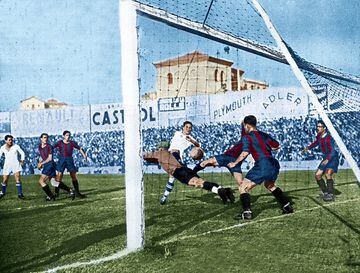 El 3 de febrero de 1935 Sañudo no tuvo piedad con el Barcelona y le hizo cuatro goles. Lazcano le ayudó con tres tantos y Regueiro hizo otro. El partido terminó con un marcador de 8-2, Escola y Guzmán anotaron lo dos goles del Barcelona.En la imagen Sañudo anotando el segundo gol.