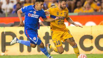 Andre Pierre Gignac (R) of Tigres vies for the ball with Luis Abram (L) of Cruz Azul during their Mexican Clausura 2022 tournament football match, at Universitario stadium in Monterrey, Mexico, on July 2, 2022. (Photo by Julio Cesar AGUILAR / AFP)