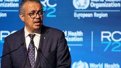 Director-General of the World Health Organisation (WHO) Tedros Adhanom Ghebreyesus delivers a speech during the 72nd session of the WHO Regional Committee for Europe on September 12, 2022 in the Israeli coastal city of Tel Aviv. (Photo by JACK GUEZ / AFP) (Photo by JACK GUEZ/AFP via Getty Images)