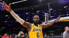 Jan 16, 2023; Los Angeles, California, USA; Los Angeles Lakers forward LeBron James (6) celebrates at the end of the game against the Houston Rockets at Crypto.com Arena. Mandatory Credit: Kirby Lee-USA TODAY Sports