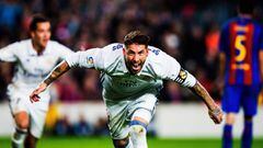 BARCELONA, SPAIN - DECEMBER 03:  Sergio Ramos of Real Madrid celebrates after scoring an equalising goal for his team during the La Liga match between FC Barcelona and Real Madrid CF at Camp Nou stadium on December 03, 2016 in Barcelona, Spain.  (Photo by Vladimir Rys Photography/Getty Images)