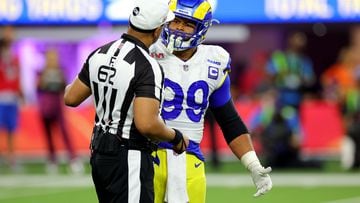 Los Angeles Rams' Aaron Donald wears the team's new jersey at SoFi