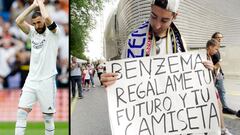 Aficionado con pancarta para Karim Benzema en el día de su despedida