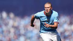 MANCHESTER, ENGLAND - AUGUST 13: Erling Haaland of Manchester City during the Premier League match between Manchester City and AFC Bournemouth at Etihad Stadium on August 13, 2022 in Manchester, United Kingdom. (Photo by Robbie Jay Barratt - AMA/Getty Images)