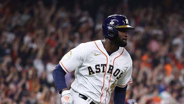 HOUSTON, TEXAS - MARCH 31: Yordan Alvarez #44 of the Houston Astros runs to first base on his three-run double in the seventh inning against the Chicago White Sox at Minute Maid Park on March 31, 2023 in Houston, Texas.   Bob Levey/Getty Images/AFP (Photo by Bob Levey / GETTY IMAGES NORTH AMERICA / Getty Images via AFP)