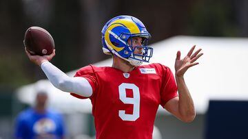 IRVINE, CA - JULY 29: Matthew Stafford #9 of the Los Angeles Rams looks to pass during training camp at University of California Irvine on July 29, 2022 in Irvine, California.   Scott Taetsch/Getty Images/AFP
== FOR NEWSPAPERS, INTERNET, TELCOS & TELEVISION USE ONLY ==
