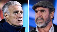 (COMBO) This combination of file pictures made on February 22, 2020, shows France&#039;s head coach Didier Deschamps (L) on November 12, 2019, in Clairefontaine-en-Yvelines, and French actor and former footbal player Eric Cantona (R) on November 29, 2019 
