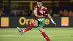 Morocco&#039;s forward Youssef En-Nesyri shoots to score during the 2019 Africa Cup of Nations (CAN) Group D football match between Morocco and Ivory Coast at the Al Salam Stadium in the Egyptian capital Cairo on June 28, 2019. (Photo by JAVIER SORIANO / 