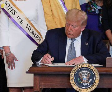 Signing practice | US President Donald Trump signs a proclamation marking the 100th anniversary of the ratification of the 19th Amendment of the U.S. Constitution. Will a relief package be next?
