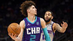 Feb 11, 2022; Detroit, Michigan, USA; Charlotte Hornets guard LaMelo Ball (2) gets defended by Detroit Pistons guard Cory Joseph (18) during the first quarter at Little Caesars Arena. Mandatory Credit: Raj Mehta-USA TODAY Sports