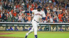 HOUSTON, TX - JULY 07:  Houston Astros designated hitter Yordan Alvarez (44) points to the home dugout after hitting a home run in the bottom of the fifth inning during the MLB game between the Kansas City Royals and Houston Astros on July 7, 2022 at Minute Maid Park in Houston, Texas.  (Photo by Leslie Plaza Johnson/Icon Sportswire via Getty Images)