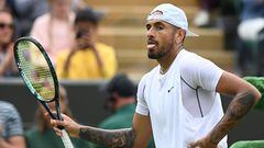 Australia's Nick Kyrgios reacts as he competes against Serbia's Filip Krajinovic during their men's singles tennis match on the fourth day of the 2022 Wimbledon Championships at The All England Tennis Club in Wimbledon, southwest London, on June 30, 2022. (Photo by Glyn KIRK / AFP) / RESTRICTED TO EDITORIAL USE