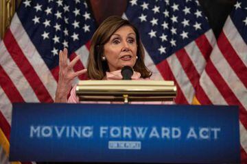 US House Speaker Nancy Pelosi speaks during the unveiling of the Moving Forward Act.