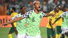 Nigeria&#039;s defender William Ekong (C) celebrates his goal during the 2019 Africa Cup of Nations (CAN) quarter final football match between Nigeria and South Africa at Cairo international stadium on July 9, 2019. (Photo by Khaled DESOUKI / AFP)