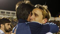 Argentina&#039;s Lucas Biglia is hugged by a teammate as he weeps in celebration after beating Ecuador during their 2018 World Cup qualifying soccer match at the Atahualpa Olympic Stadium in Quito, Ecuador, Tuesday, Oct. 10, 2017. (AP Photo/Fernando Vergara)