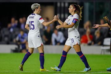 United States forward Megan Rapinoe celebrates with forward Alex Morgan after scoring against Germany.