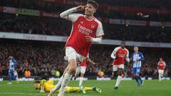 London (United Kingdom), 17/12/2023.- Arsenal'Äôs Kai Havertz celebrates after he scores the 2-0 goal during the English Premier League soccer match between Arsenal FC and Brighton & Hove Albion, in London, Britain, 17 December 2023. (Reino Unido, Londres) EFE/EPA/NEIL HALL EDITORIAL USE ONLY. No use with unauthorized audio, video, data, fixture lists, club/league logos, 'live' services or NFTs. Online in-match use limited to 120 images, no video emulation. No use in betting, games or single club/league/player publications.
