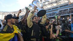 Nov 5, 2022; Los Angeles, CA, USA; Los Angeles FC forward Carlos Vela (10) celebrates with the Philip F. Anschutz Trophy after defeating the Philadelphia Union in the 2022 MLS Cup championship game at Banc of California Stadium. Mandatory Credit: Jayne Kamin-Oncea-USA TODAY Sports