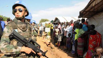 A UN peacekeeper stands guard in Jebel, near South Sudan&rsquo;s capital