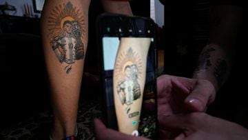Franco Gundin, 22, displays a tattoo of Argentina's soccer star Lionel Messi, holding the Copa America trophy, in Buenos Aires, Argentina December 17, 2022. REUTERS/Magali Druscovich