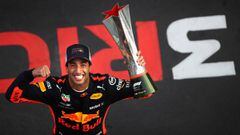 SHANGHAI, CHINA - APRIL 15:  Race winner Daniel Ricciardo of Australia and Red Bull Racing celebrates after the Formula One Grand Prix of China at Shanghai International Circuit on April 15, 2018 in Shanghai, China.  (Photo by Clive Mason/Getty Images)