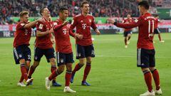 Bayern Munich&#039;s James Rodriguez celebrates scoring their third goal with teammates 