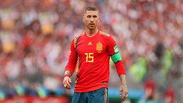 MOSCOW, RUSSIA - JULY 01: Sergio Ramos of Spain in action during the 2018 FIFA World Cup Russia Round of 16 match between Spain and Russia at Luzhniki Stadium on July 1, 2018 in Moscow, Russia. (Photo by Matthew Ashton - AMA/Getty Images)