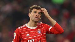 MUNICH, GERMANY - JANUARY 24: Thomas Muller of Bayern Munich reacts during the Bundesliga match between FC Bayern München and 1. FC Köln at Allianz Arena on January 24, 2023 in Munich, Germany. (Photo by Alexander Hassenstein/Getty Images)