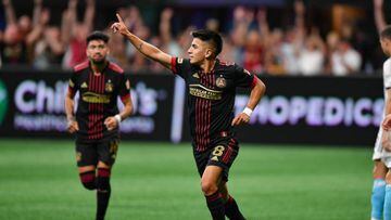 ATLANTA, GA  MAY 15:  Atlanta midfielder Thiago Almada (8) reacts after scoring a first-half goal during the MLS match between the New England Revolution and Atlanta United FC on May 15th, 2022 at Mercedes-Benz Stadium in Atlanta, GA.  (Photo by Rich von Biberstein/Icon Sportswire via Getty Images)