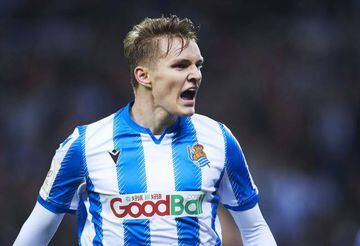 Martin Odegaard of Real Sociedad celebrates after scoring his team's second goal during the Copa del Rey Semi-Final 1st Leg match between Real Sociedad and Mirandes