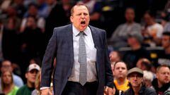 DENVER, CO - APRIL 05: Head coach Tom Thibodeau of the Minnesota Timberwolves watches as his team plays the Denver Nuggets at the Pepsi Center on April 5, 2018 in Denver, Colorado. NOTE TO USER: User expressly acknowledges and agrees that, by downloading 