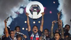 (FILES) In this file photo taken on May 19, 2019 Paris Saint-Germain&#039;s Brazilian defender Thiago Silva holds the French L1 winner trophy as he celebrates with team mates at the end of the French Ligue 1 football match between Paris Saint-Germain (PSG