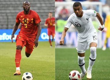 (COMBO) This combination of pictures created on July 8, 2018 shows Belgium's forward Romelu Lukaku (L) on June 6, 2018 and France's forward Kylian Mbappe (R) on July 6, 2018.